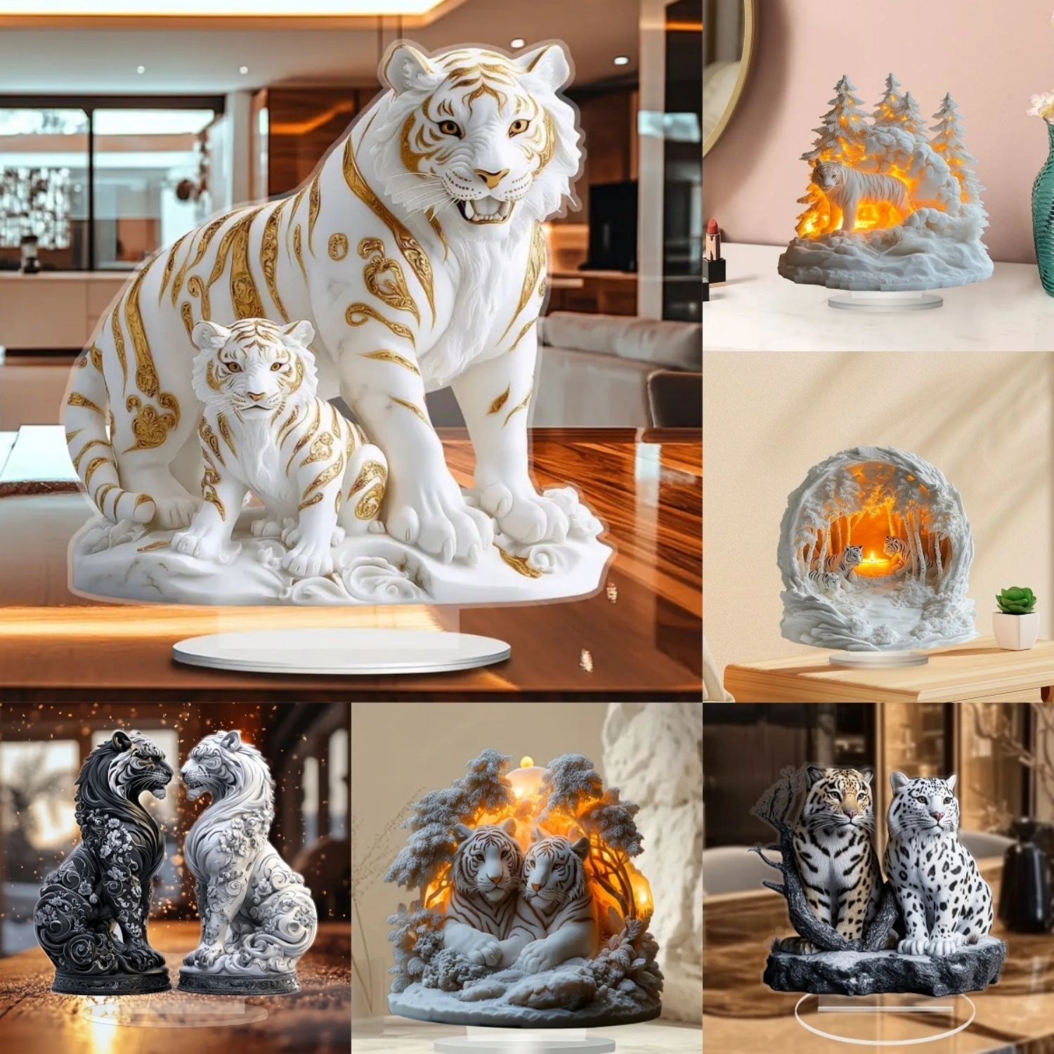 Desk Setup Room - Two Tigers Statue,2D Flat Animals Acrylic