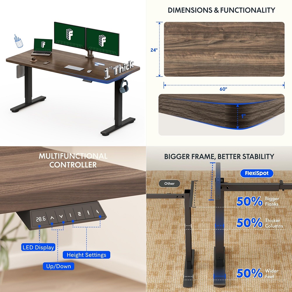 Desk Setup Black - 60x24 OnePiece Electric Standing Desk, 1