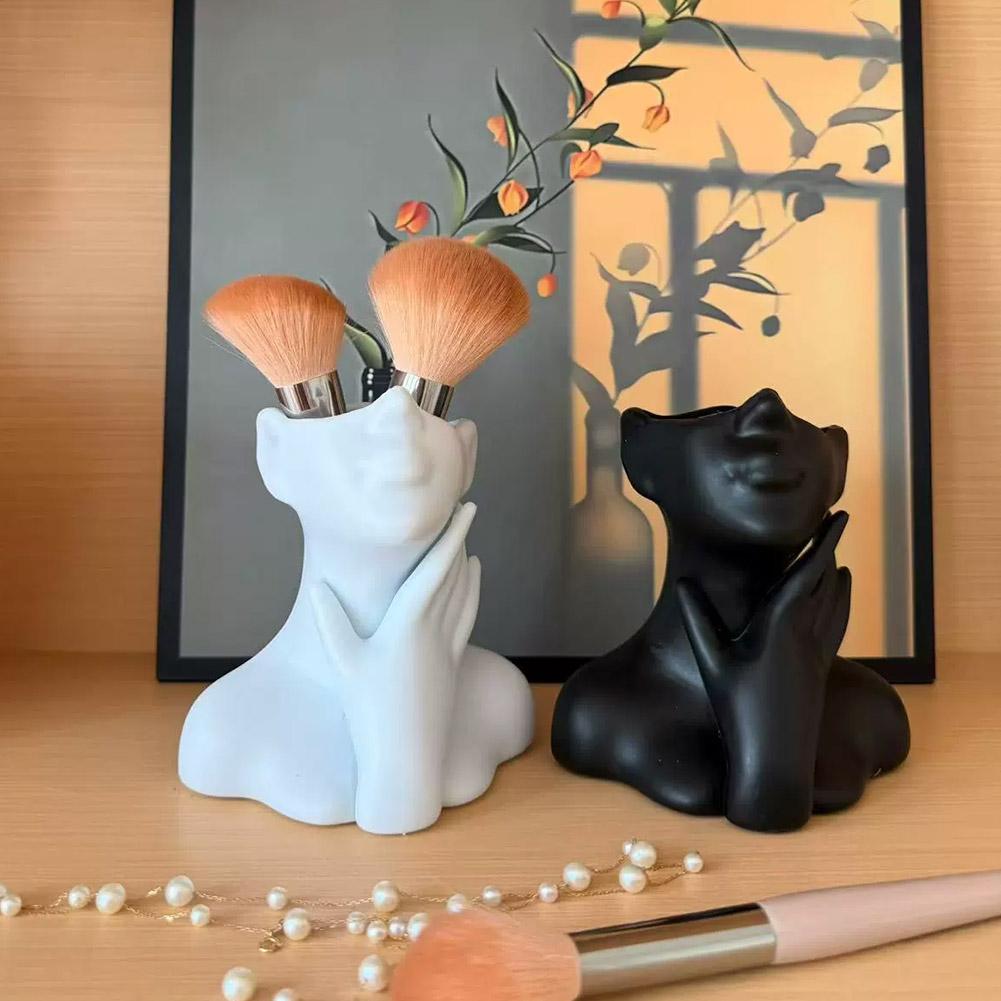 Desk Setup Organization - Female Bust Figurine Vase Makeup Brush