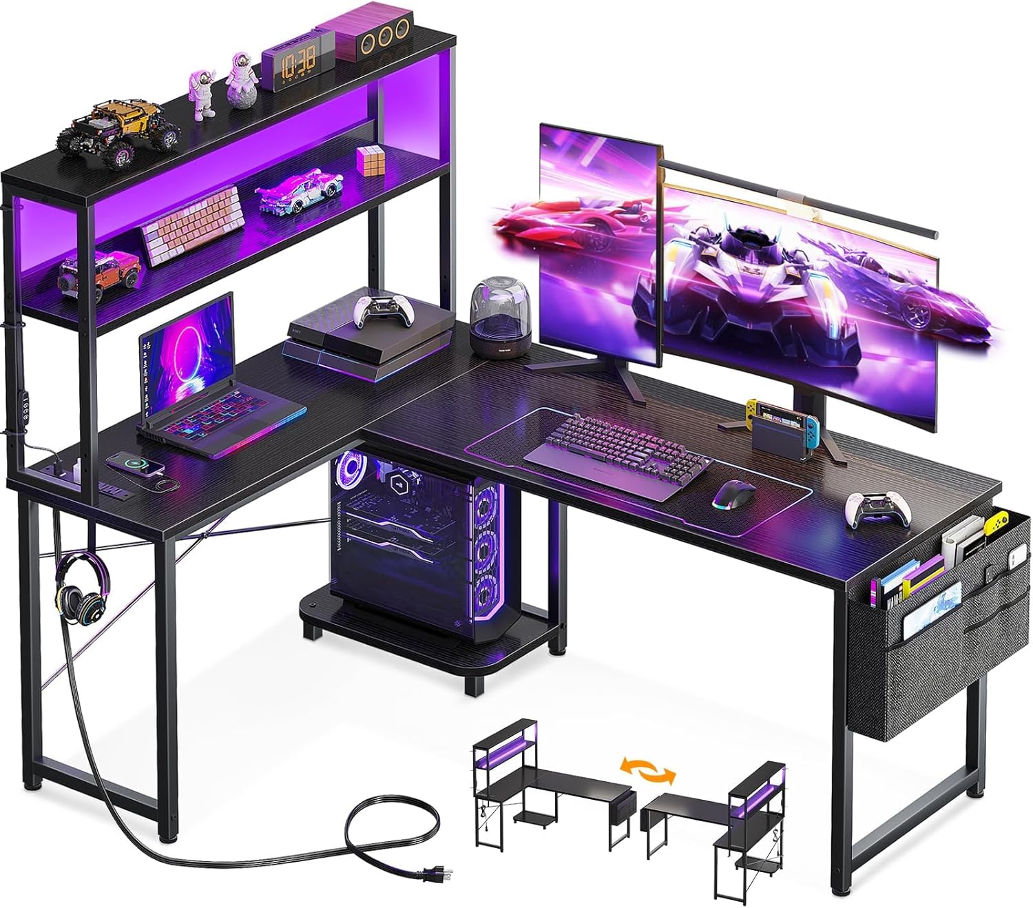 L Shaped Desk with LED Lights  - Desk Setup Black recensione e prezzo