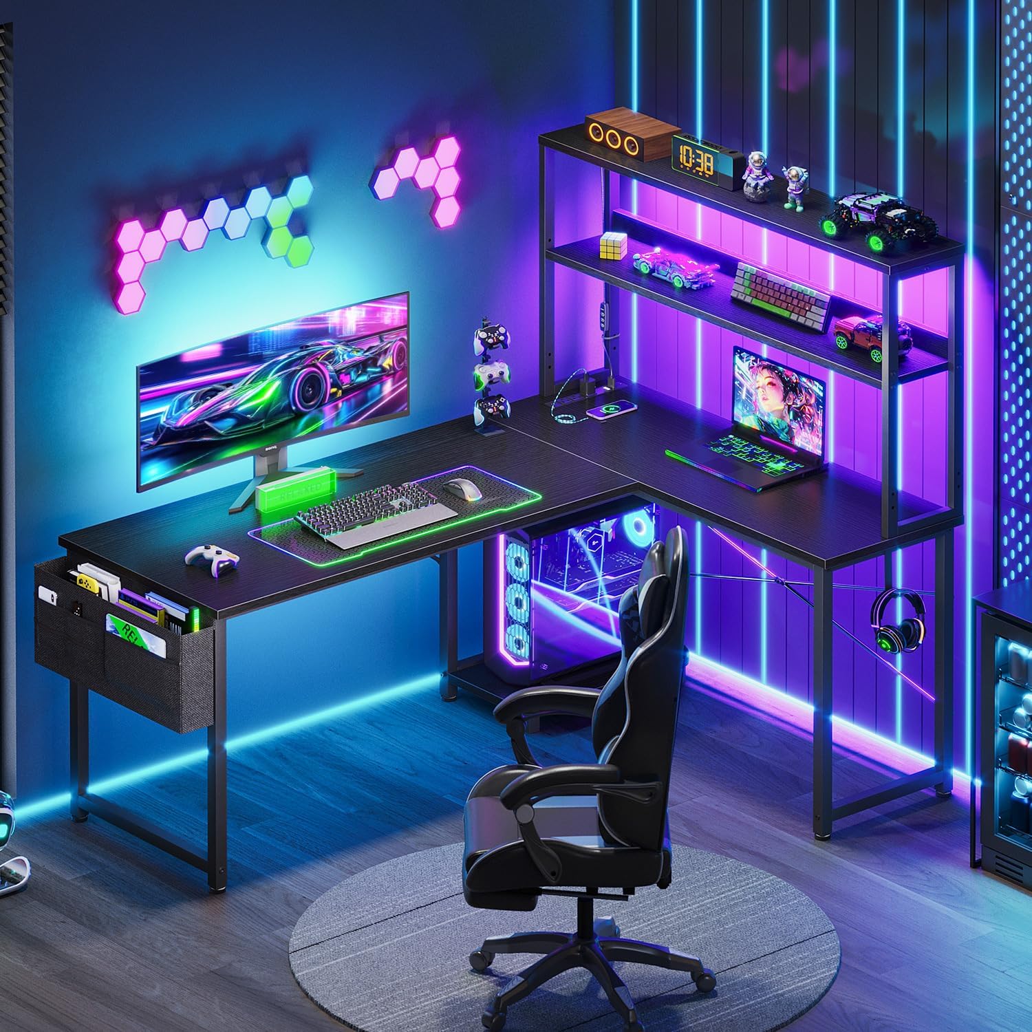 L Shaped Desk with LED Lights  - Desk Setup Black recensione e prezzo
