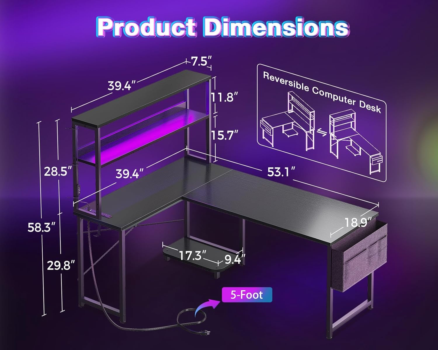L Shaped Desk with LED Lights  - Desk Setup Black recensione e prezzo